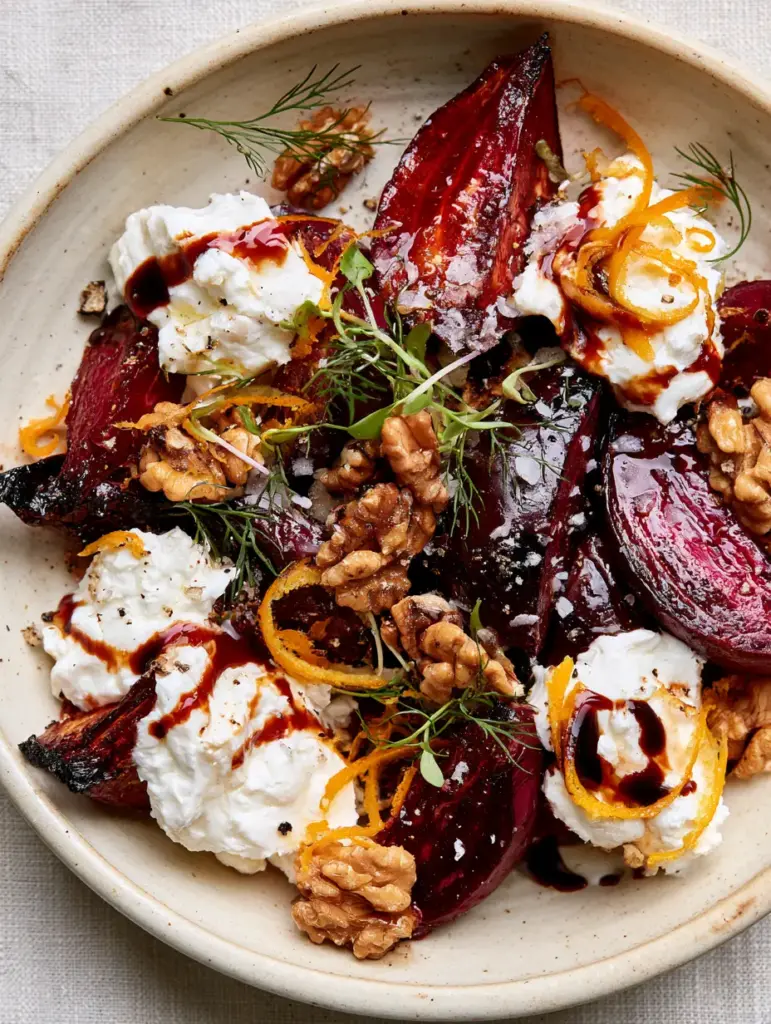 Ruby Red Beet Salad with Goat Cheese, Walnuts, and Balsamic Glaze 1 Smartphone photo of a completed Ruby Red Beet Salad on a neutral linen surface with orange zest and walnuts.