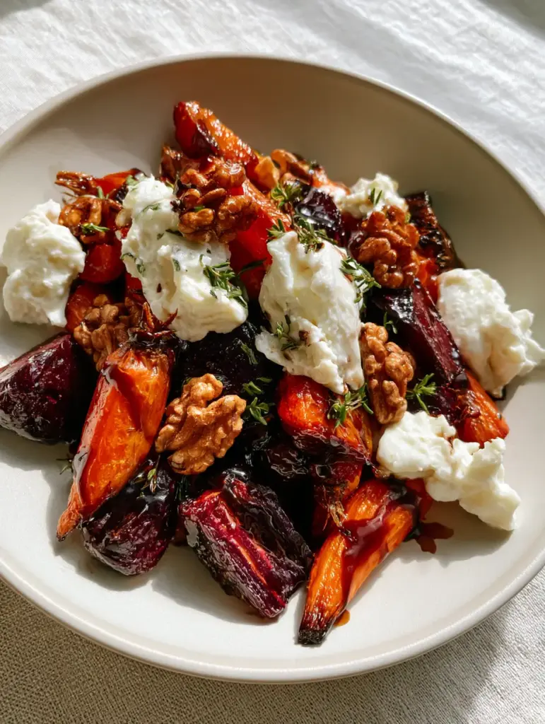 Roasted Beet and Carrot Salad with Maple Balsamic Glaze 1 A handheld smartphone photo showing the creamy white goat cheese and toasted walnuts atop a roasted beet and carrot salad.