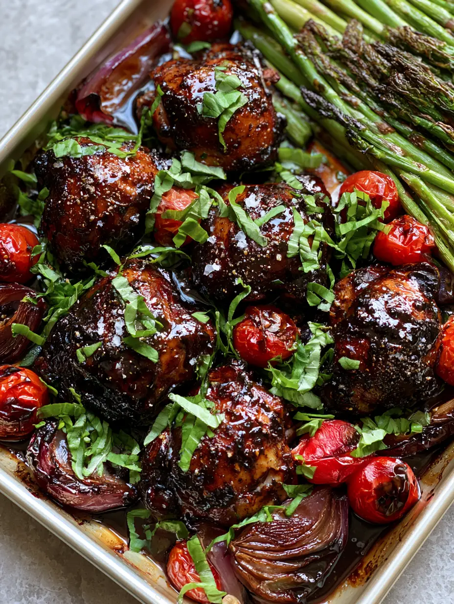 One Pan Balsamic Chicken with Roasted Asparagus and Blistered Tomatoes 3 Overhead shot of seared mahogany chicken thighs with balsamic glaze and roasted vegetables. (One Pan Balsamic Chicken)