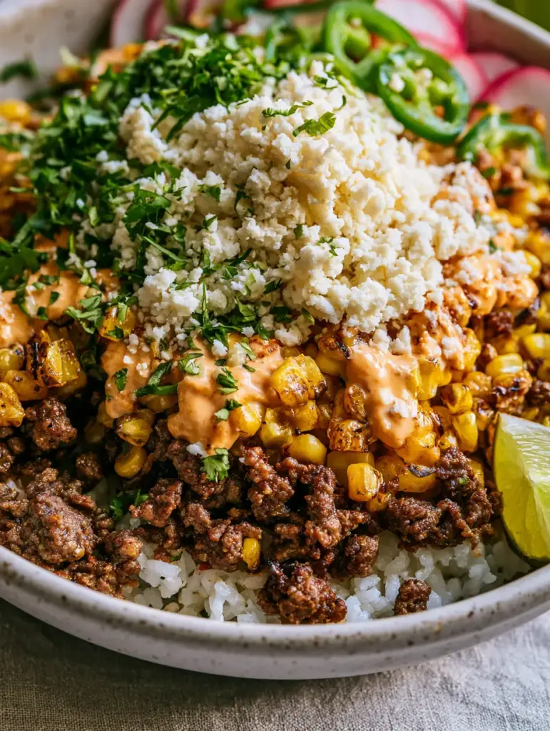 A Street Corn Beef Bowl topped with cotija cheese, radishes, and cilantro, served with a lime wedge.