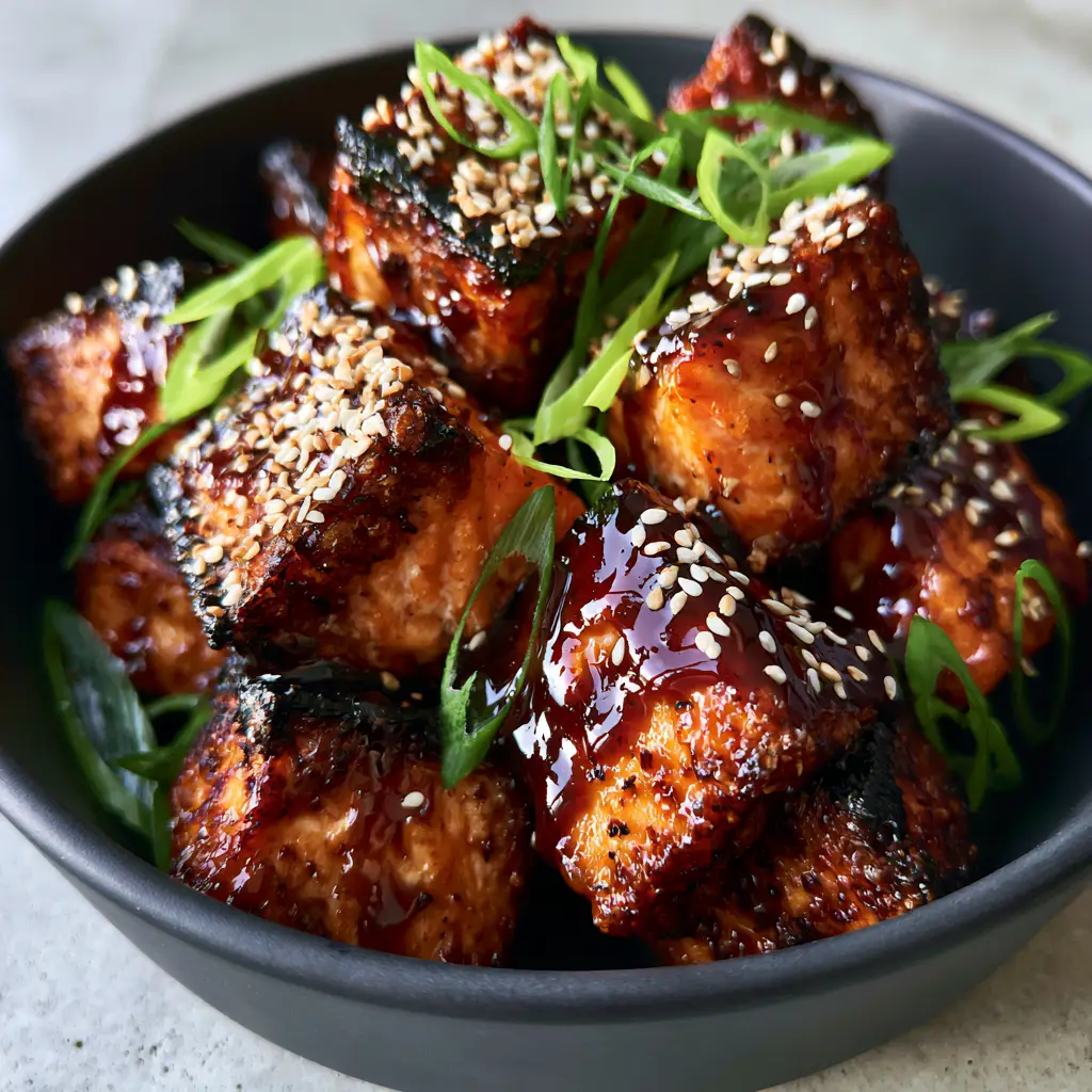 Extreme close up of flaky orange interior and crispy charred exterior of salmon bites.
