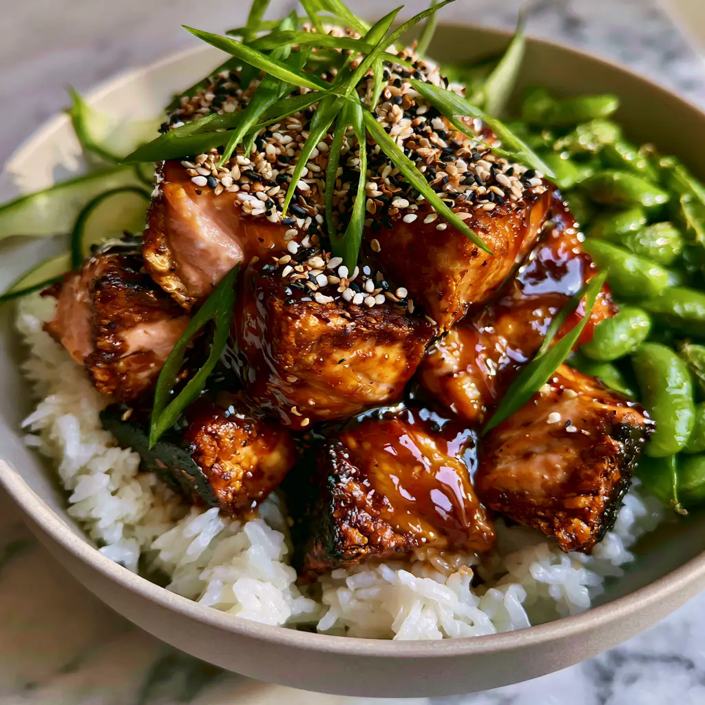Teriyaki Salmon Bowls with Crispy Air-Fried Salmon and Jasmine Rice 1 A detailed shot of Teriyaki Salmon Bowls garnished with black and white sesame seeds and bias-cut scallions.