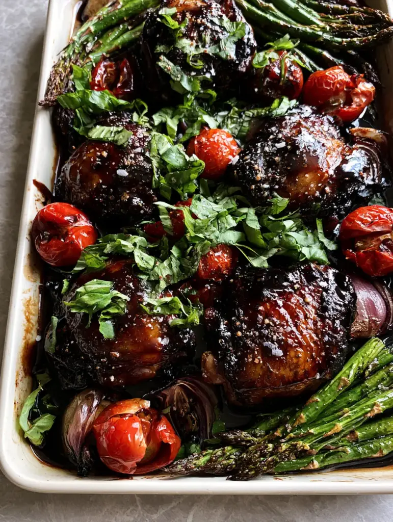 One Pan Balsamic Chicken with Roasted Asparagus and Blistered Tomatoes 1 Close up of blistered cherry tomatoes and roasted asparagus spears alongside glazed chicken. (One Pan Balsamic Chicken)