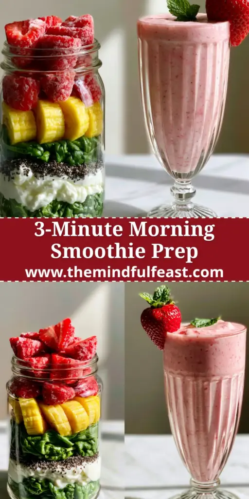 Morning Smoothies: The Ultimate Creamy Strawberry Banana Green Boost 4 A side-by-side comparison of a layered ingredient jar and a perfectly blended pastel pink smoothie on a marble counter. (morning smoothies)