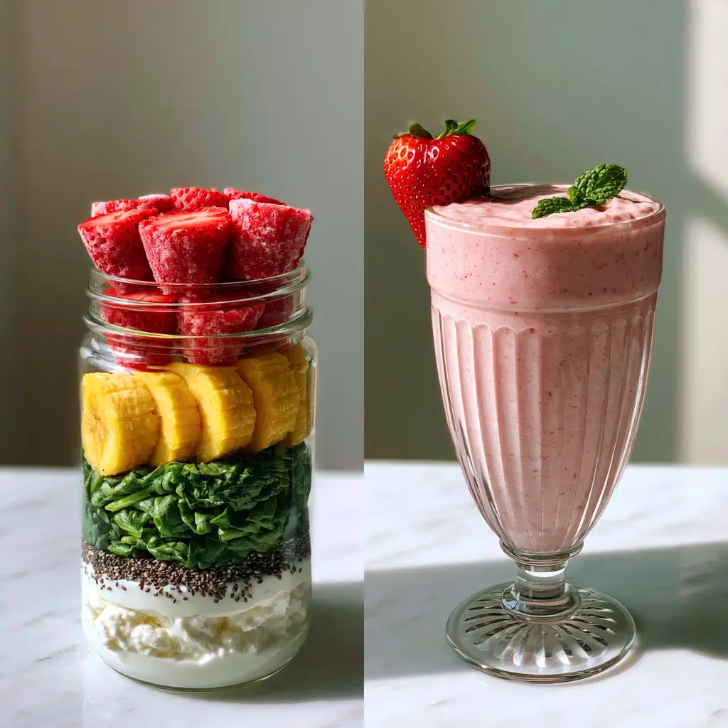 Morning Smoothies: The Ultimate Creamy Strawberry Banana Green Boost 2 Layered glass jar with frozen strawberries, bananas, spinach, and chia seeds next to a blended pink smoothie. (morning smoothies)