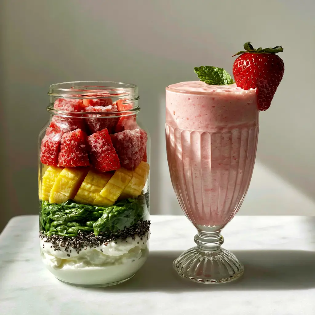 Morning Smoothies: The Ultimate Creamy Strawberry Banana Green Boost 1 Close up of a thick creamy pink strawberry banana smoothie in an elegant ribbed glass garnished with mint.