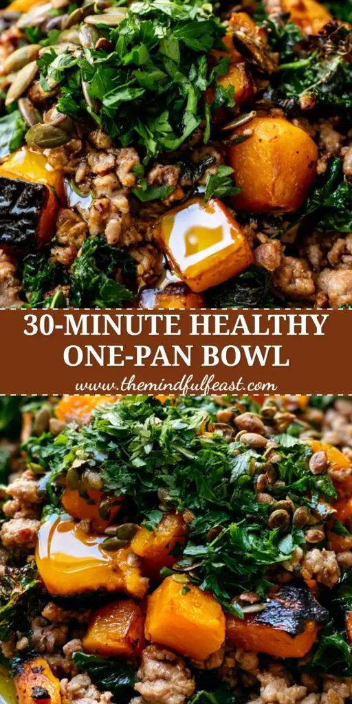 Ground Turkey and Butternut Squash Bowl with Crispy Kale and Pumpkin Seeds 3 A rustic matte ceramic bowl filled with browned ground turkey, roasted caramelized butternut squash, and crispy kale, topped with pumpkin seeds and parsley. (Ground Turkey and Butternut Squash Bowl)