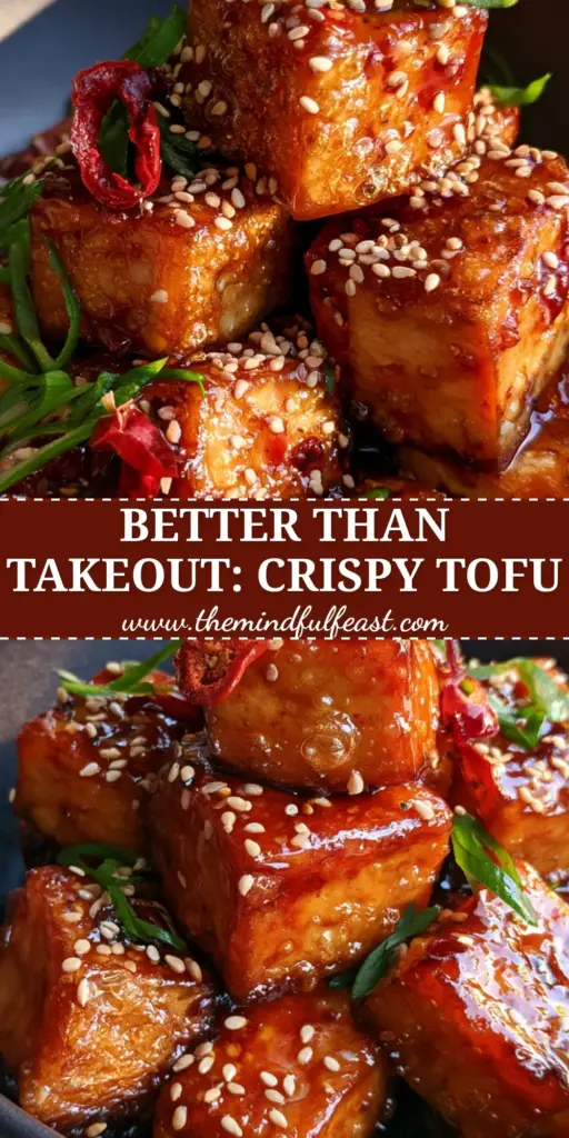 Crispy Szechuan Tofu with a Bubbly Glass-Like Crunch 4 Close-up of crispy Szechuan tofu cubes in a dark bowl with glossy red glaze and sesame seeds.
