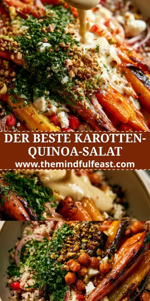 Gerösteter Karotten-Quinoa-Salat mit cremiger Zitronen-Tahini-Sauce 4 Ein vertikales Food-Foto des Gerösteter Karotten-Quinoa-Salat mit Nahaufnahme des Tahini-Dressings und Draufsicht auf die bunte Schüssel.