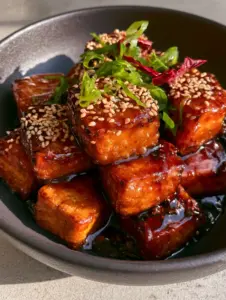 A smartphone photo showing the bubbly glass-like crunch of golden-brown crispy Szechuan tofu.