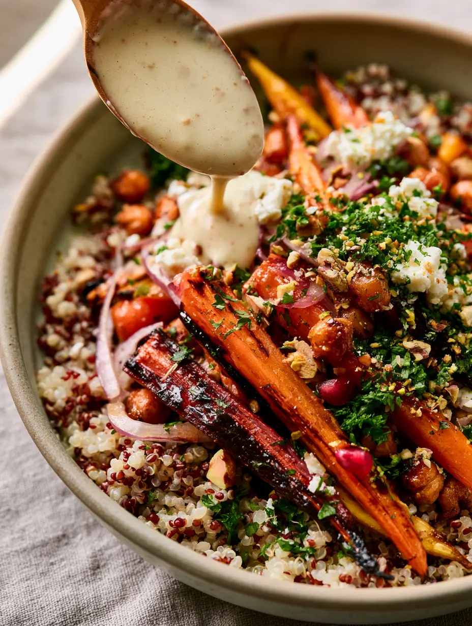 Gerösteter Karotten-Quinoa-Salat mit cremiger Zitronen-Tahini-Sauce 3 Nahaufnahme einer cremigen Zitronen-Tahini-Sauce, die auf einen Gerösteter Karotten-Quinoa-Salat gegossen wird.
