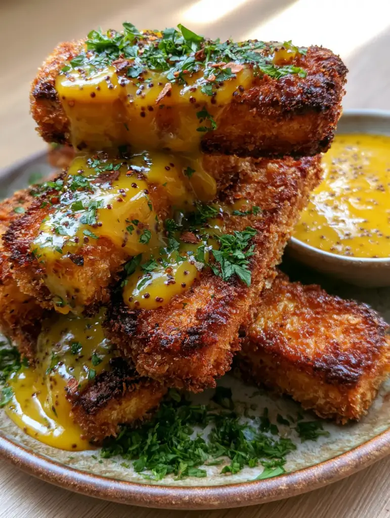 Honey Mustard Tofu Tenders: The Ultimate Ultra-Crispy Air Fryer Guide 1 A ceramic dipping bowl filled with thick honey mustard glaze next to crispy tofu tenders.