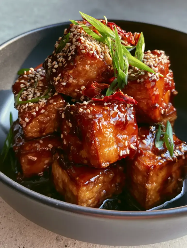 Crispy Szechuan Tofu with a Bubbly Glass-Like Crunch 1 Szechuan tofu cubes stacked in a matte ceramic bowl, heavily coated in glistening red sauce.