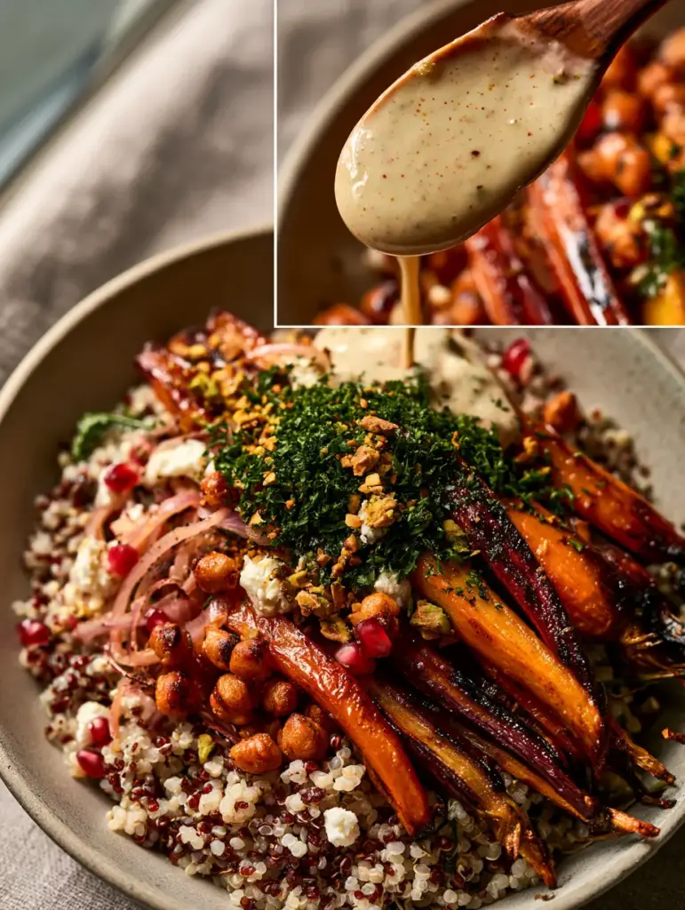 Gerösteter Karotten-Quinoa-Salat mit cremiger Zitronen-Tahini-Sauce 1 Draufsicht auf eine matte Keramikschale mit Gerösteter Karotten-Quinoa-Salat, Feta und Granatapfelkernen.