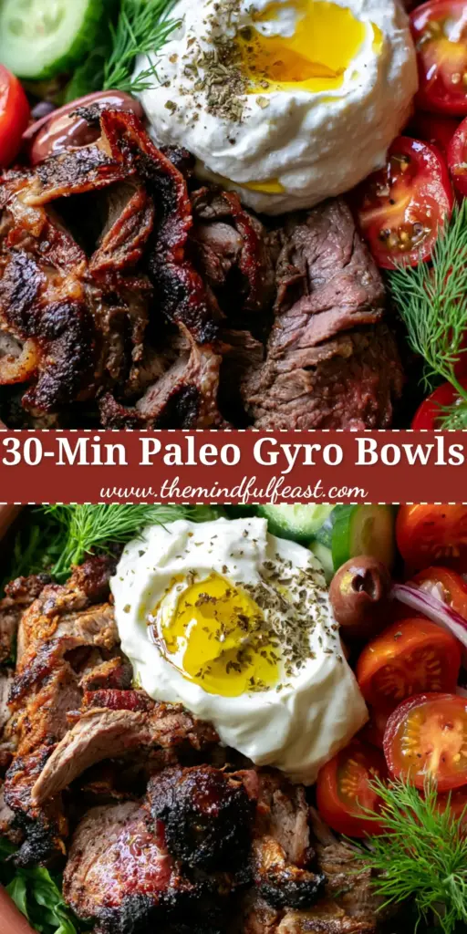 Paleo Gyro Bowls with Crispy Seared Lamb and Dairy-Free Tzatziki 4 A vibrant Paleo gyro bowl featuring charred lamb slices, fresh Greek salad, and a dollop of dairy-free tzatziki in a terracotta bowl.