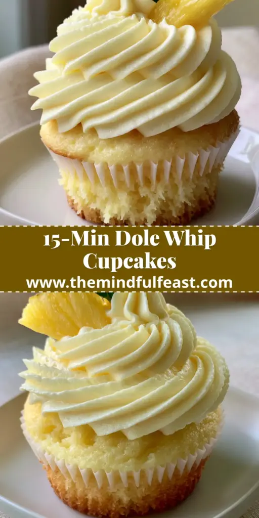 A towering gourmet Dole Whip cupcake with pale-yellow frosting, a fresh pineapple wedge, and a mint sprig in a white liner. (Dole Whip cupcakes)