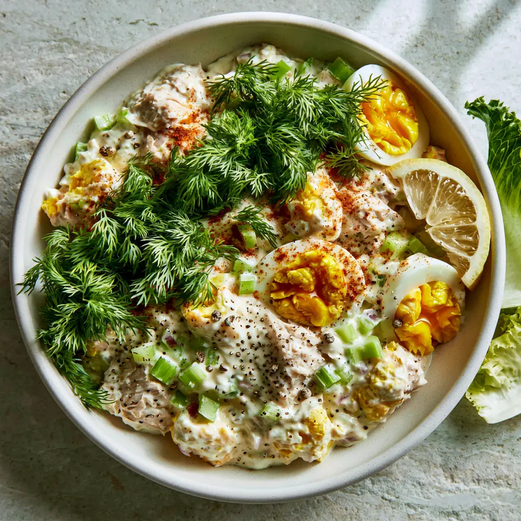 Tuna Egg Salad: A High-Protein Gourmet Recipe with Jammy Yolks 2 Overhead shot of chunky tuna egg salad with velvety Greek yogurt dressing and cracked black pepper. (Tuna Egg Salad)