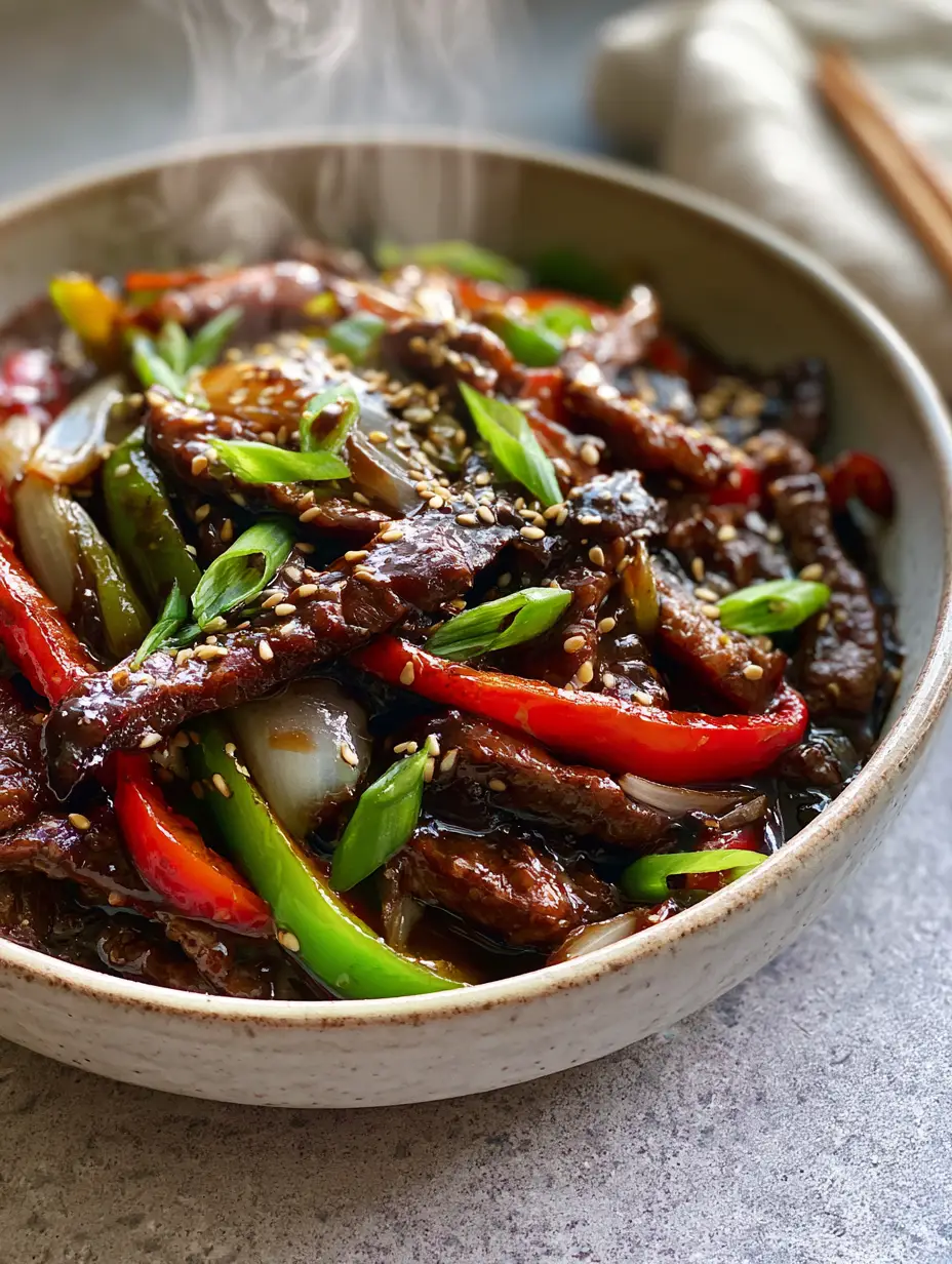 Pepper Steak with a Glossy Dark Soy Glaze and Blistered Peppers 4 A 45-degree angle smartphone photo of Chinese Pepper steak in a ceramic bowl with steam wisps and toasted sesame seeds.
