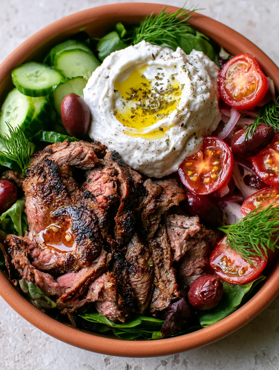 Paleo Gyro Bowls with Crispy Seared Lamb and Dairy-Free Tzatziki 3 Macro shot of seared lamb with charred edges and snow-white dairy-free tzatziki in a Paleo gyro bowl.