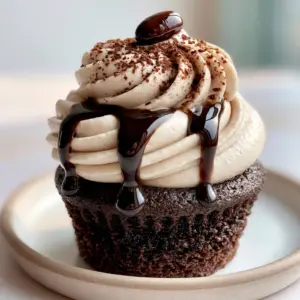 Close up handheld photo showing the moist dark chocolate base and glossy liqueur drizzle of the Kahlua and cream cupcakes.
