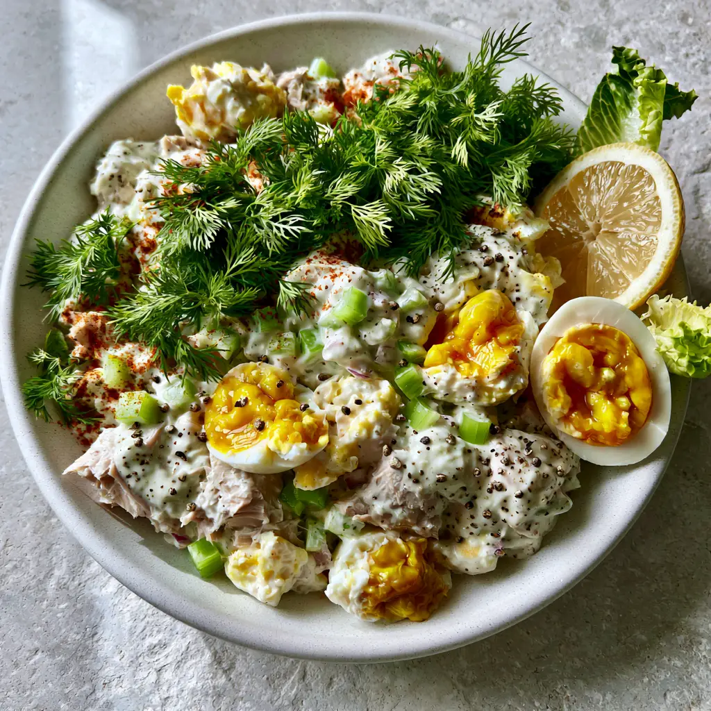 Tuna Egg Salad: A High-Protein Gourmet Recipe with Jammy Yolks 1 Matte white bowl of tuna egg salad garnished with a forest of dill and a lemon wedge on a stone surface. (Tuna Egg Salad)