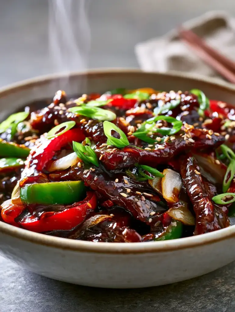 Pepper Steak with a Glossy Dark Soy Glaze and Blistered Peppers 1 Close up of caramelized flank steak strips and translucent white onions in a savory mahogany glaze.