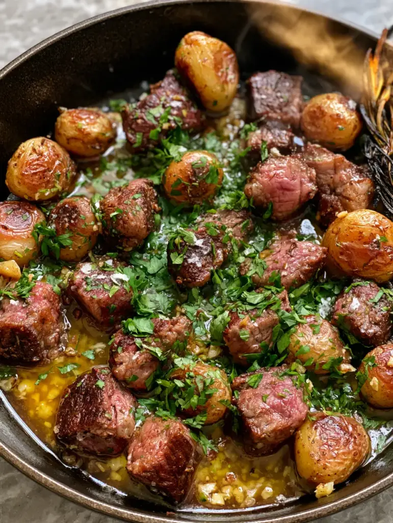 Close up of golden brown blistered baby potatoes and juicy ribeye steak cubes in a pool of garlic butter.