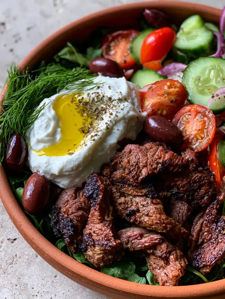 Paleo Gyro Bowls with Crispy Seared Lamb and Dairy-Free Tzatziki 1 Top-down view of Paleo gyro bowls with fresh cucumber, red onion, and kalamata olives.