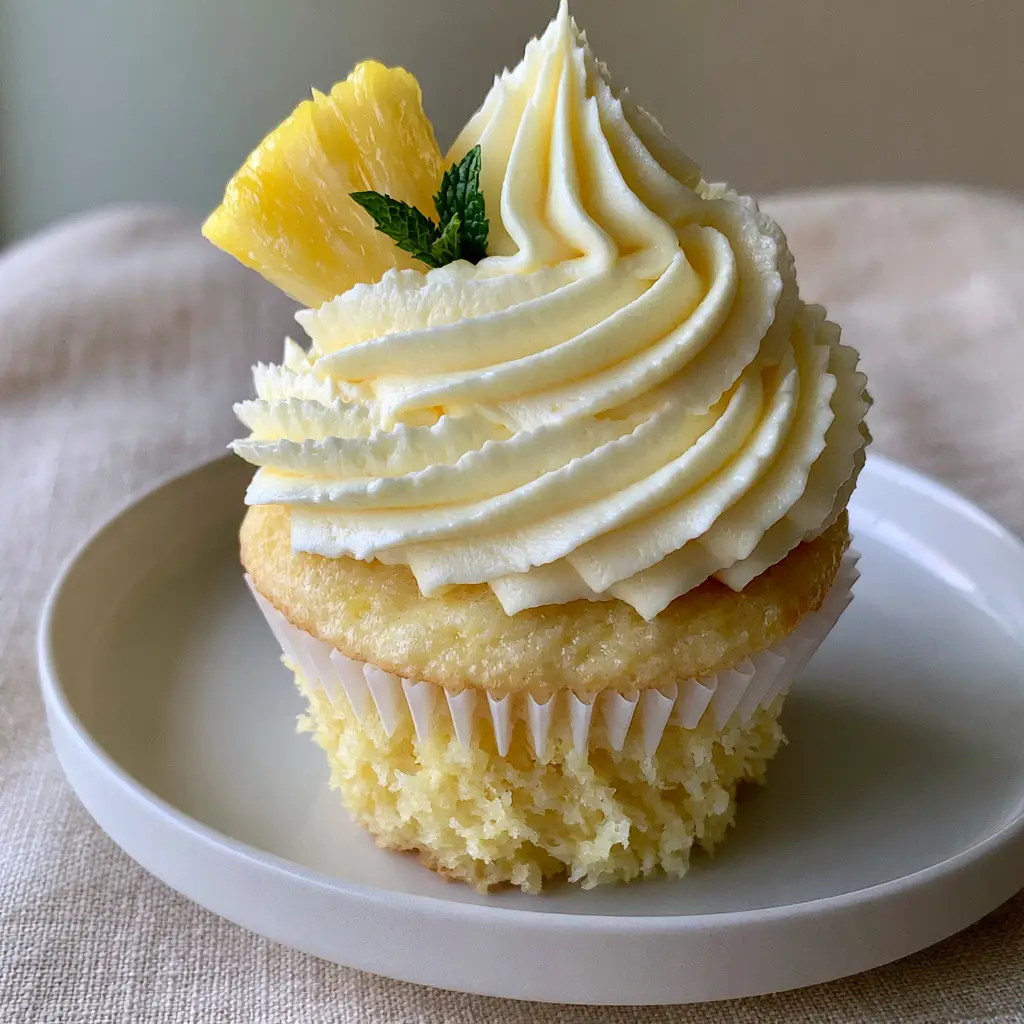 Gourmet Dole Whip cupcake on an off-white ceramic plate with bright natural lighting.