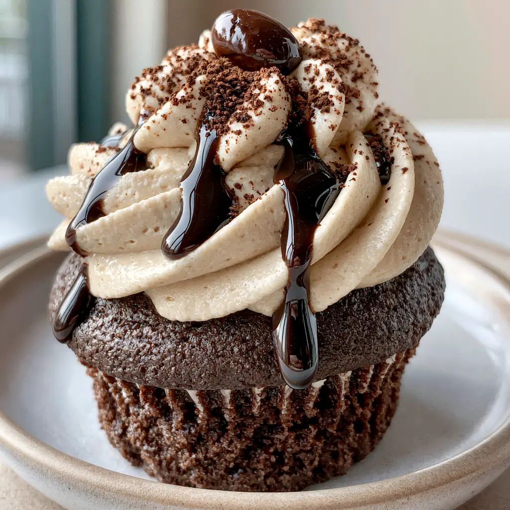 A tall velvety swirl of light beige Kahlua frosting topped with espresso powder and a chocolate coffee bean.