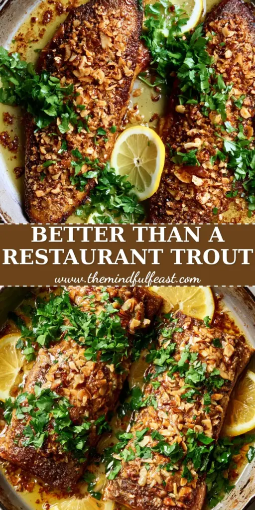 Rainbow Trout Almondine: A Crispy Pan-Seared Masterpiece in Lemon Butter Sauce 4 Overhead shot of two seared rainbow trout almondine fillets in a carbon steel skillet with toasted almonds and lemon slices.