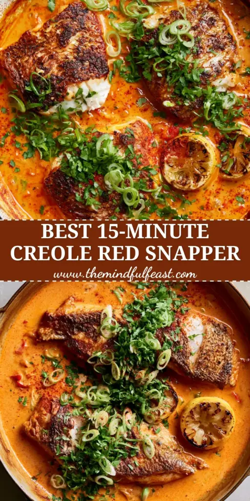 A top-down view of three pan-seared red snapper fillets in a cast iron skillet with vibrant orange creole cream sauce and charred lemons. (red snapper with creamy creole sauce)