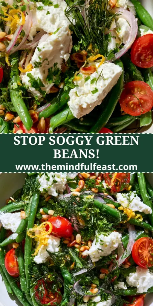 Green Bean Salad with Feta, Lemon, and Toasted Pine Nuts 4 An overhead flat lay of a vibrant green bean salad with large white feta crumbles, red onion slices, and toasted pine nuts in a white bowl. (green bean salad)