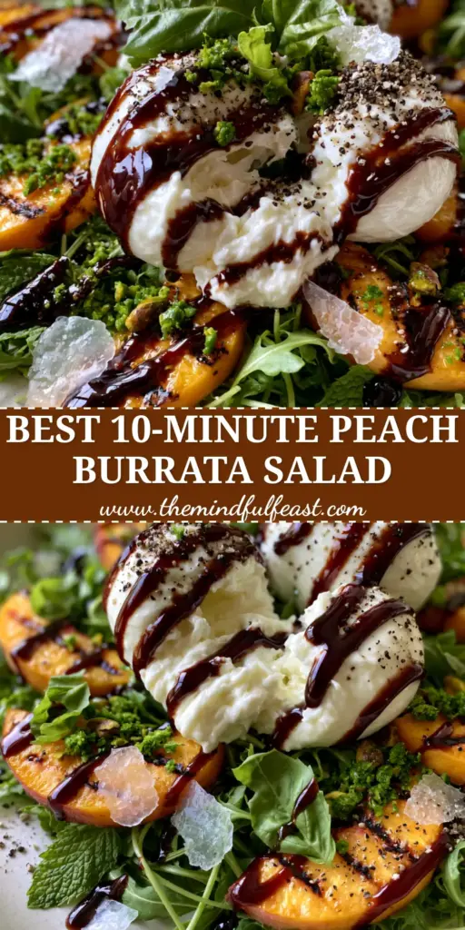 Peach Salad Recipe with Grilled Peaches and Creamy Burrata 4 A luxury Peach Salad Recipe with grilled peaches, torn burrata, and balsamic glaze on a white platter. (peach salad recipe)