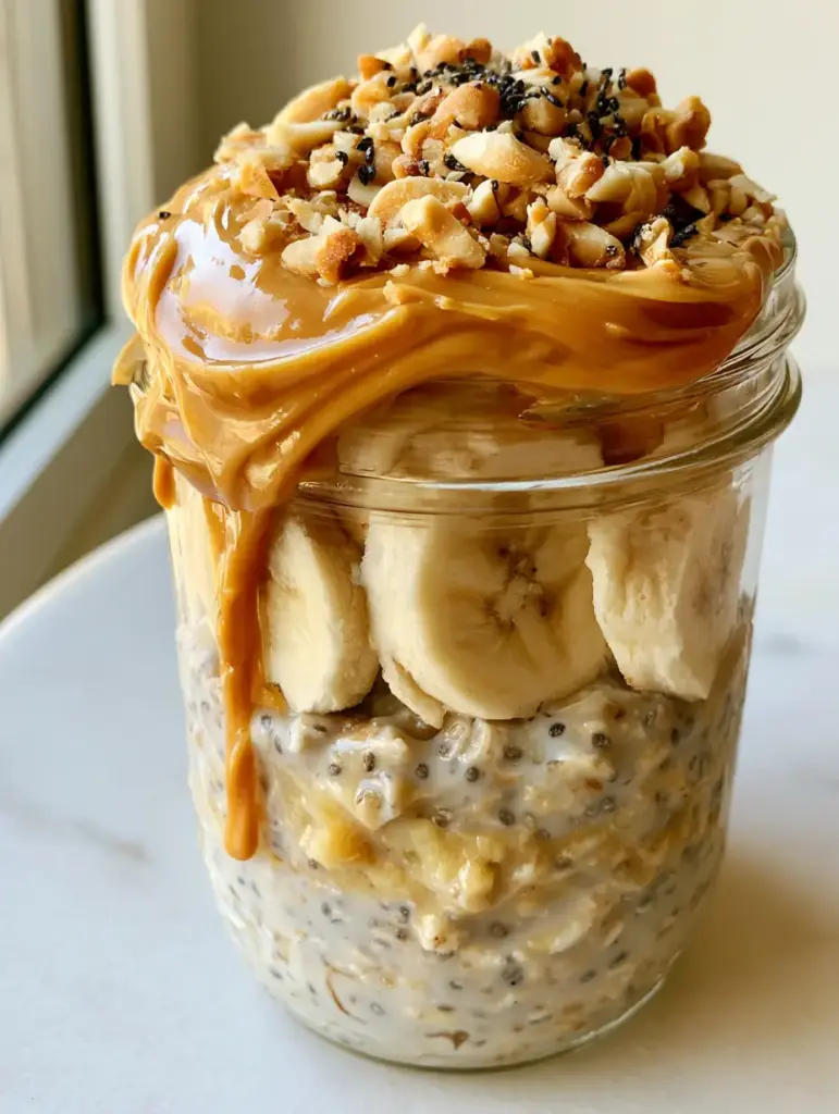 Peanut Butter Banana Overnight Oats: The Ultimate Creamy Breakfast Guide 2 Creamy rolled oats with soaked chia seeds in a glass jar, featuring a glossy peanut butter swirl. (peanut butter banana overnight oats)