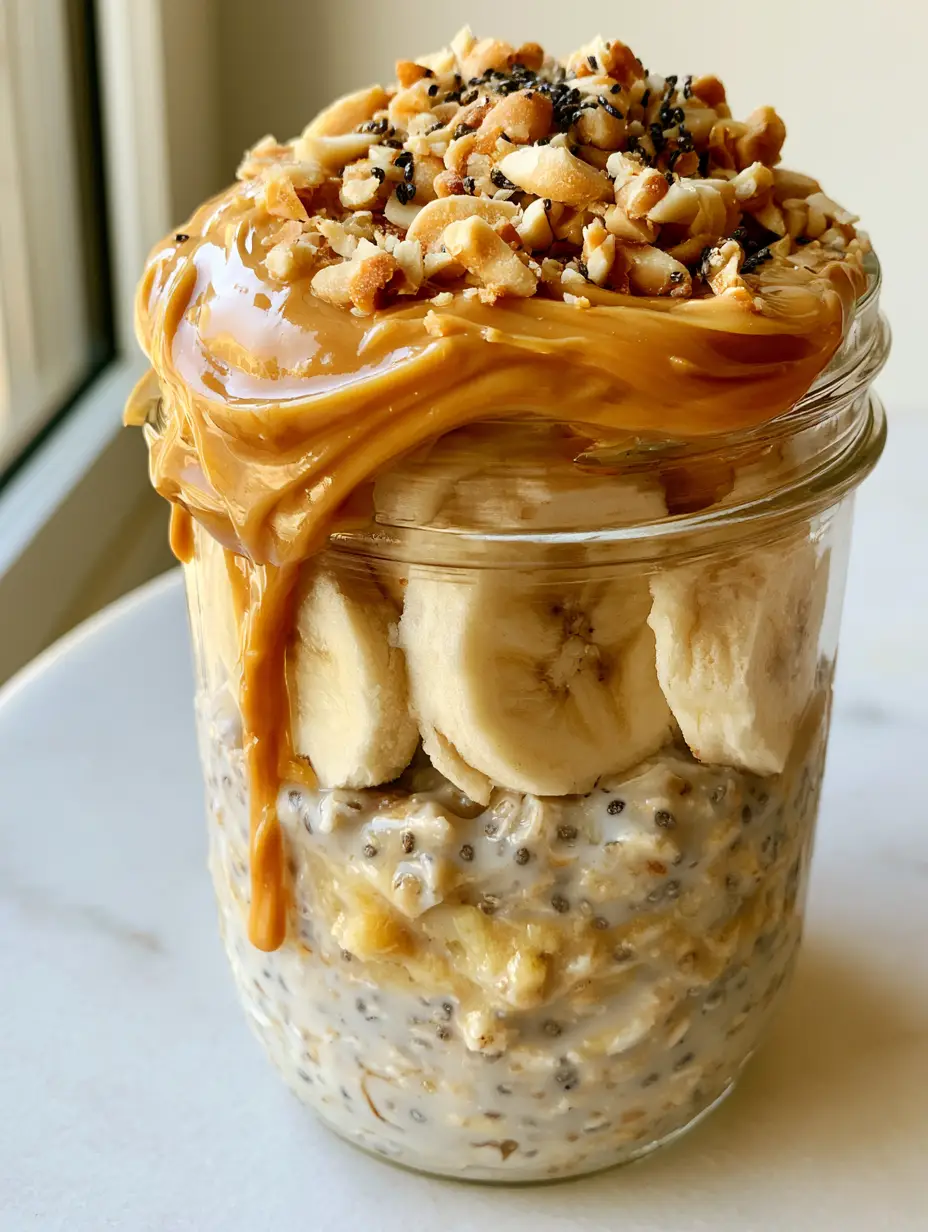 Peanut Butter Banana Overnight Oats: The Ultimate Creamy Breakfast Guide 3 Creamy rolled oats with soaked chia seeds in a glass jar, featuring a glossy peanut butter swirl. (peanut butter banana overnight oats)