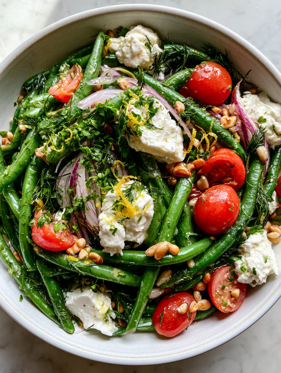 Green Bean Salad with Feta, Lemon, and Toasted Pine Nuts 3 Close-up of saturated emerald green blanched beans with glossy red tomatoes and neon-green herbs. (green bean salad)