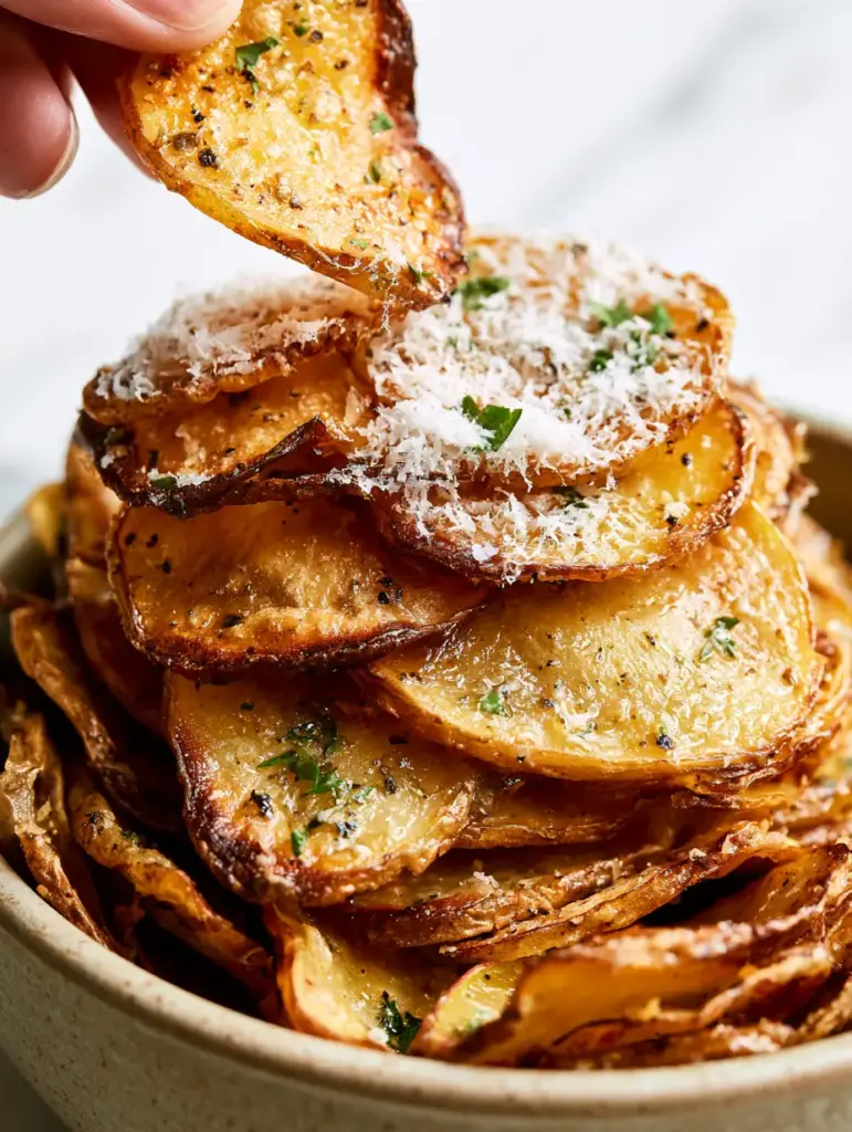 Crispy Sliced Potatoes with Garlic Butter and Fluffy Parmesan 2 Extreme macro shot of crispy sliced potatoes showing brittle, caramelized edges and glistening garlic oil.