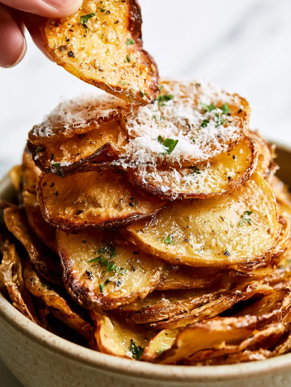 Crispy Sliced Potatoes with Garlic Butter and Fluffy Parmesan 3 Extreme macro shot of crispy sliced potatoes showing brittle, caramelized edges and glistening garlic oil.