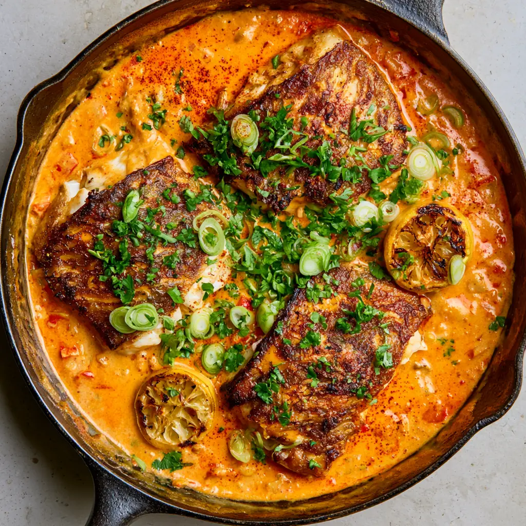 Detailed shot of sautéed red bell peppers and smoked paprika on top of pan-seared snapper.