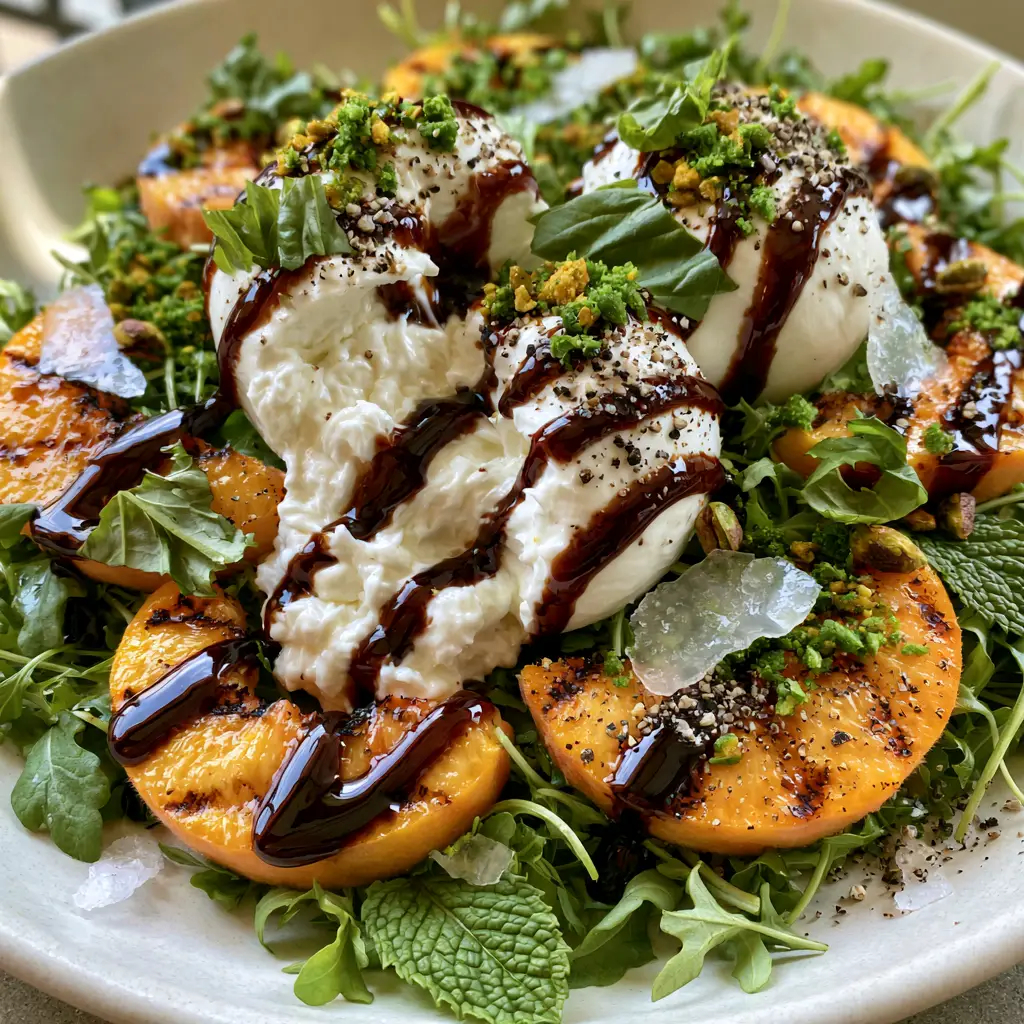 Peach Salad Recipe with Grilled Peaches and Creamy Burrata 2 Close-up handheld photo of grilled peaches and creamy burrata spilling open. (peach salad recipe)