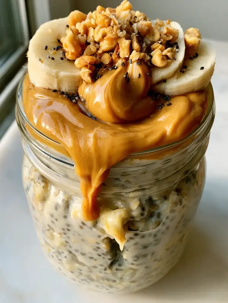 Peanut Butter Banana Overnight Oats: The Ultimate Creamy Breakfast Guide 1 A top-down view of fresh banana slices, toasted peanuts, and chia seeds on peanut butter banana overnight oats.