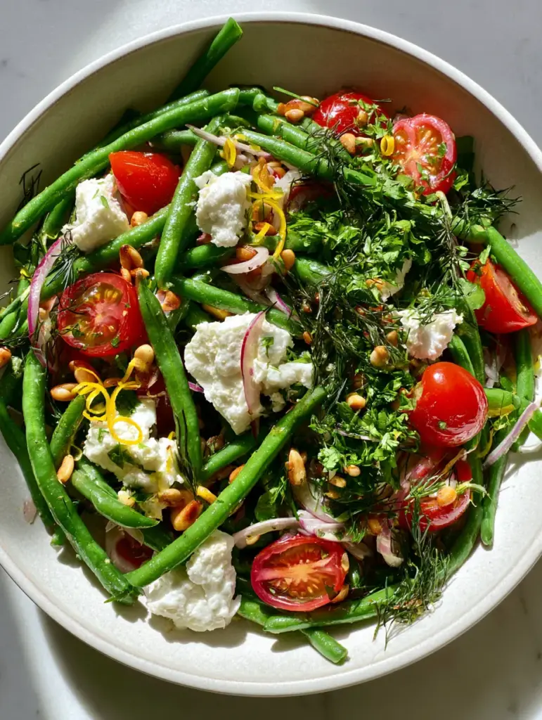 Green Bean Salad with Feta, Lemon, and Toasted Pine Nuts 1 Paper-thin red onions and large jagged feta crumbles scattered over a glistening green bean salad.