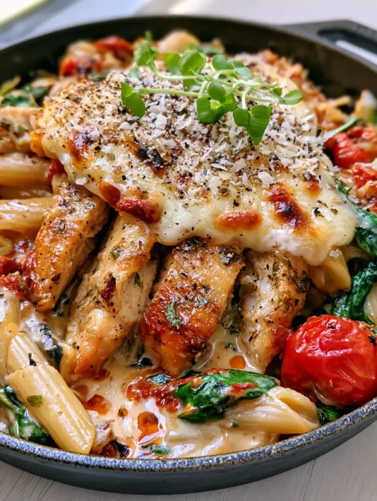 Lunch or Dinner: The Ultimate One-Pan Sun-Dried Tomato and Spinach Chicken Pasta 1 A matte black skillet showing penne pasta, wilted spinach, and blistered tomatoes for a hearty lunch or dinner.