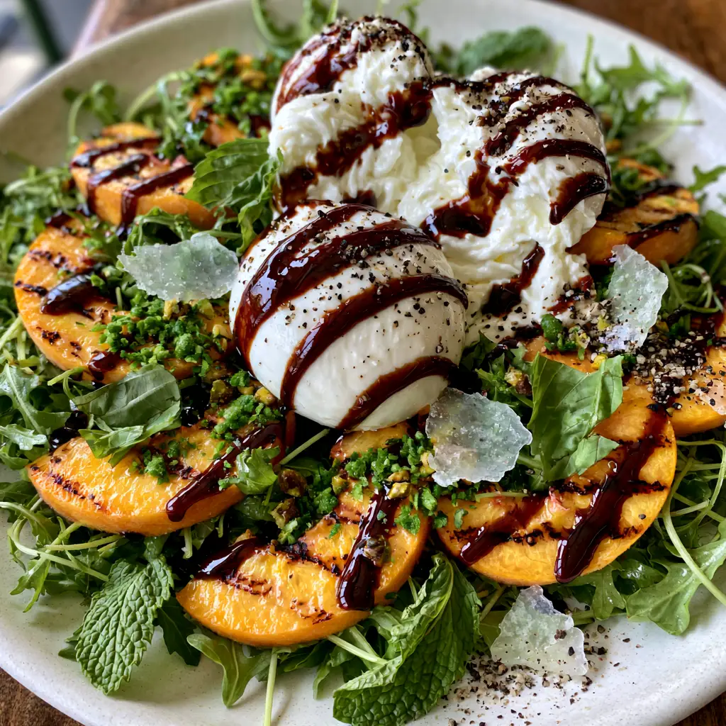 Peach Salad Recipe with Grilled Peaches and Creamy Burrata 1 A bed of arugula and mint topped with crescent peaches, pistachios, and balsamic zig-zags.
