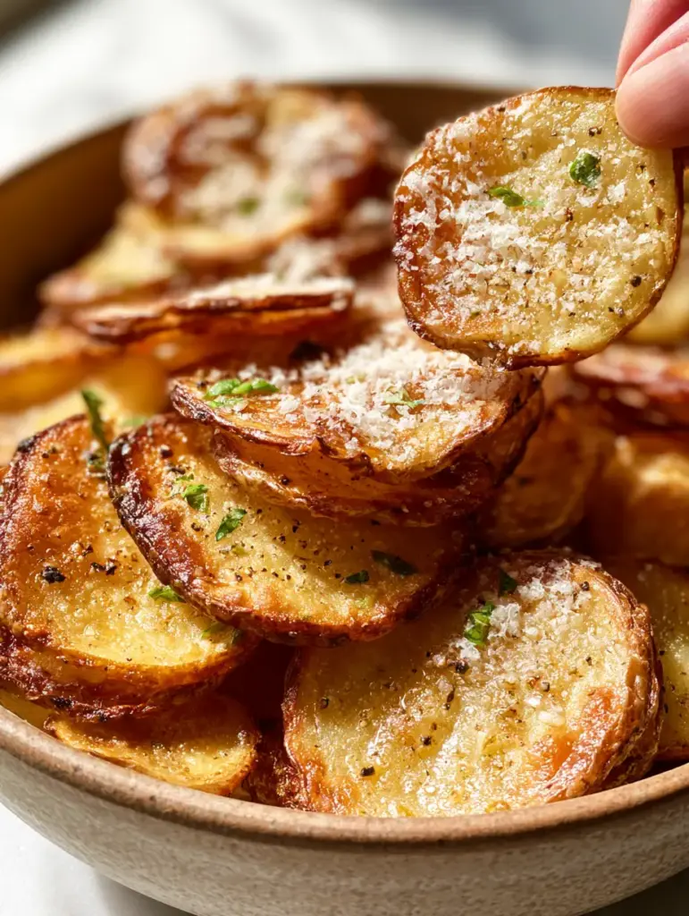 Crispy Sliced Potatoes with Garlic Butter and Fluffy Parmesan 1 A hand lifting a single rigid slice of crispy sliced potatoes, showing the thinness and fluffy parmesan dusting.