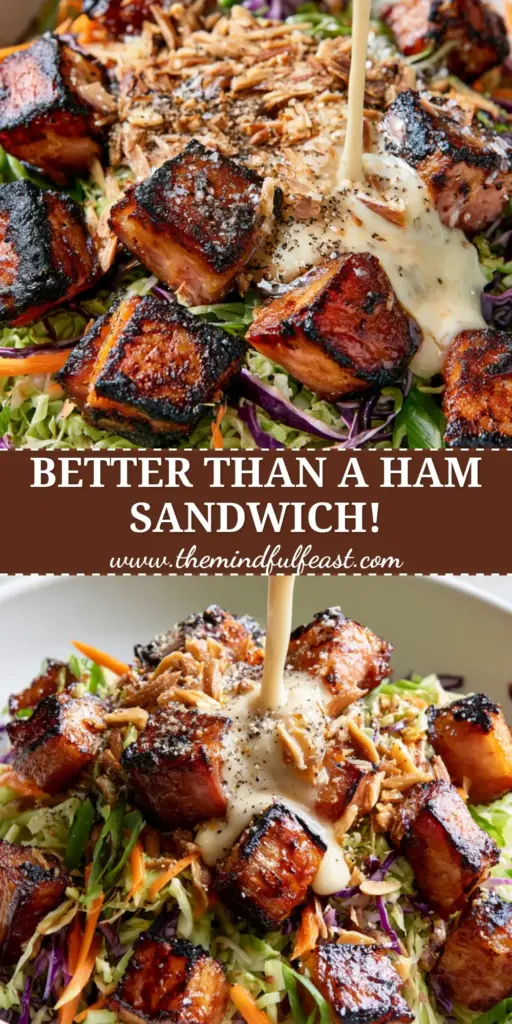 Cabbage and Ham Salad with Honey-Glazed Charred Ham and Garlic Cream 4 A high-angle shot of Cabbage and Ham Salad in a matte white bowl featuring charred ham cubes and creamy garlic dressing.