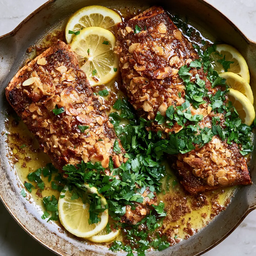 Rainbow Trout Almondine: A Crispy Pan-Seared Masterpiece in Lemon Butter Sauce 2 Close up of rainbow trout almondine showing crunchy almond topping and brown butter sauce dots. (rainbow trout almondine)