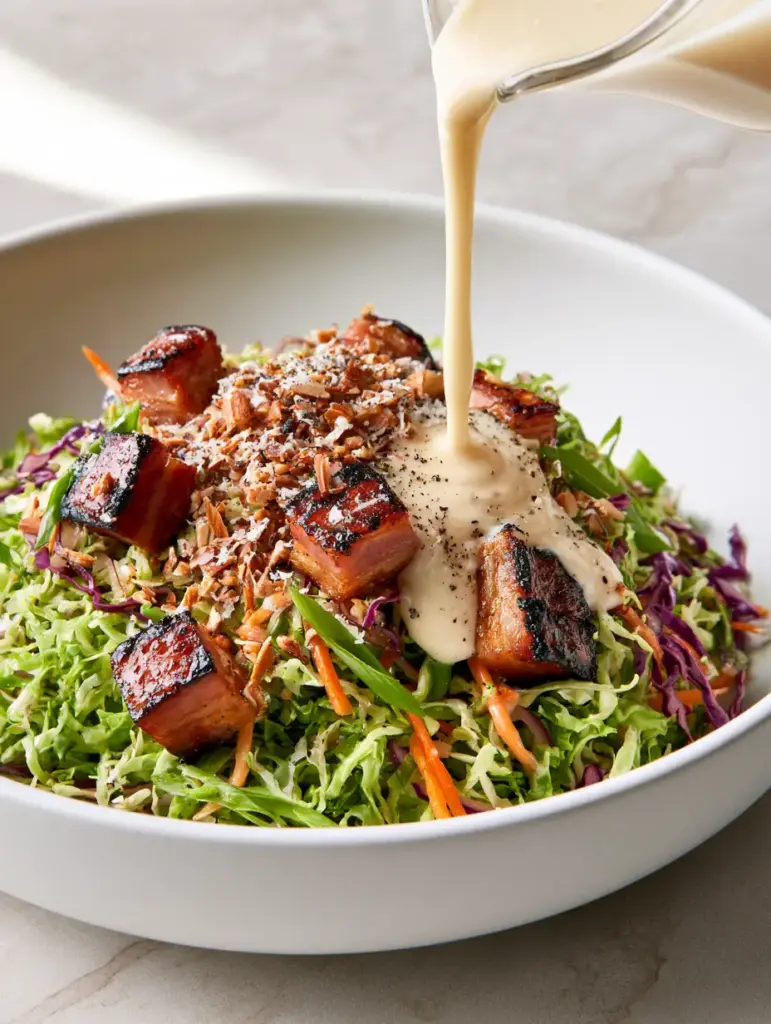 Cabbage and Ham Salad with Honey-Glazed Charred Ham and Garlic Cream 1 Thick seared ham cubes with charred edges scattered over a cabbage and ham salad bowl.