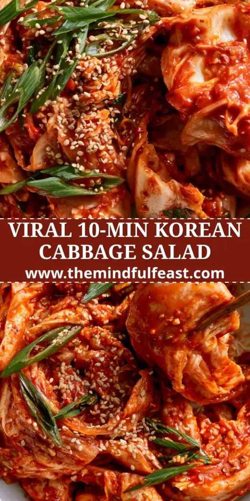 A large modern white bowl of Korean Cabbage Salad with glossy red dressing, green onions, and toasted sesame seeds. (Korean Cabbage Salad)